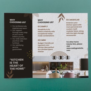 May include: A tri-fold brochure with a black and white design. The brochure advertises kitchen design services. The text on the brochure reads "Why Choosing Us?" and "Kitchen is the heart of the home".