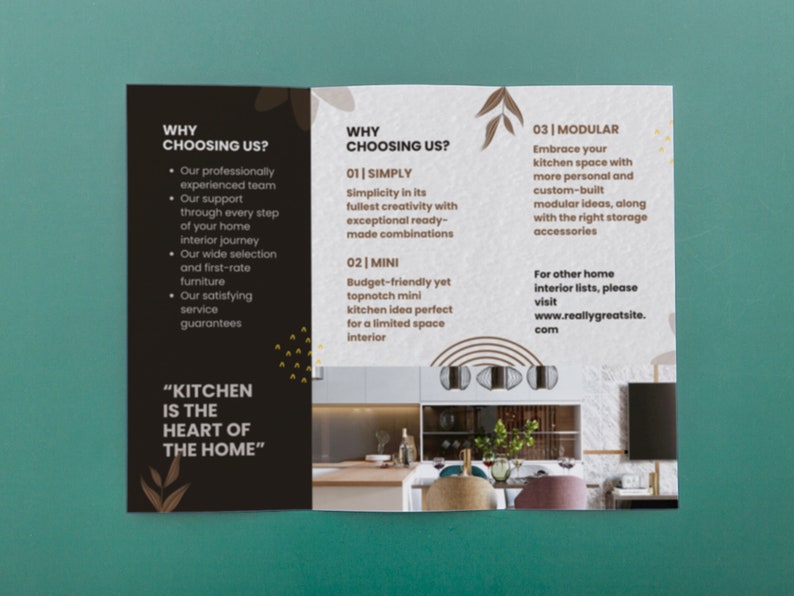 May include: A tri-fold brochure with a black and white design. The brochure advertises kitchen design services. The text on the brochure reads "Why Choosing Us?" and "Kitchen is the heart of the home".