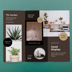 May include: A tri-fold brochure advertising home decor items. The left panel features potted succulents with the text "The Garden" and "$7.99/3 pcs". The center panel shows a simple desk lamp and candles with the text "Set the Mood" and prices. The right panel features a wooden shelf with the text "Good Display" and "$199/piece".