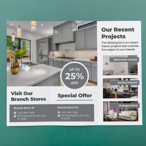 May include: A tri-fold brochure advertising interior design services. The brochure features images of different interior design styles, including minimalist, modern, and vintage. The brochure also includes a special offer for up to 25% off. The text on the brochure reads "Our Recent Projects", "Visit Our Branch Stores", and "Special Offer".