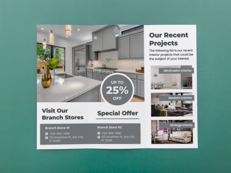 May include: A tri-fold brochure advertising interior design services. The brochure features images of different interior design styles, including minimalist, modern, and vintage. The brochure also includes a special offer for up to 25% off. The text on the brochure reads "Our Recent Projects", "Visit Our Branch Stores", and "Special Offer".