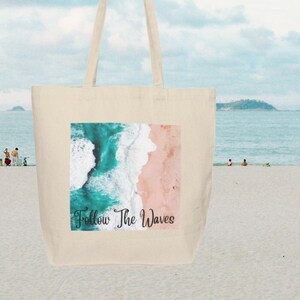 Follow the Waves Canvas Shopping Tote Bag, Gift Ideas, Beach Bag, Chic, Summer Vibes