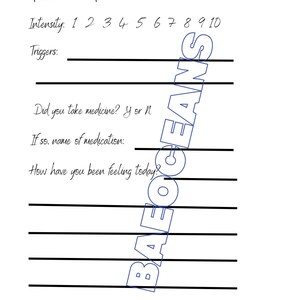 Könnte beinhalten: Ein weißes Formular mit schwarzen Linien und Text, das zur Nachverfolgung dient. Enthält Abschnitte für Zeit, Intensität, Auslöser, Medikamente und Gefühle. Das Wort "Datum:" steht oben.