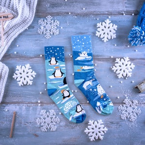 PENGUINS and POLAR BEARS mismatched colorful socks winter sock colourful funny women & men socks crazy unique patterned sock image 2