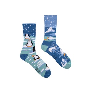 PENGUINS and POLAR BEARS mismatched colorful socks winter sock colourful funny women & men socks crazy unique patterned sock image 1