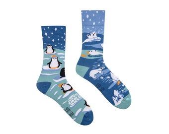 PENGUINS and POLAR BEARS | mismatched colorful  socks | winter sock | colourful | funny | women & men socks | crazy | unique patterned sock