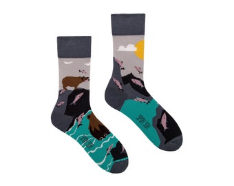 BEARS and SALMON | mismatched colorful socks | colourful socks | funny socks | women & men socks | patterned socks | unique crew socks