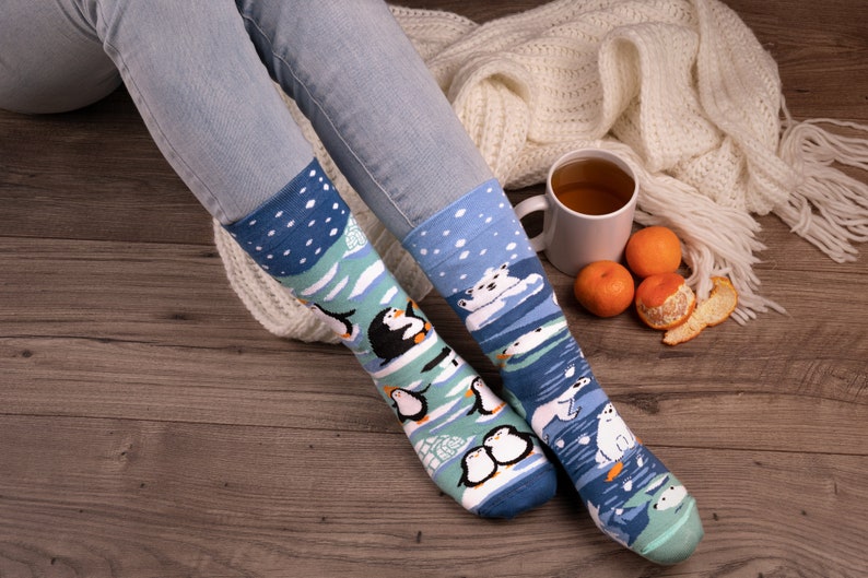 PENGUINS and POLAR BEARS mismatched colorful socks winter sock colourful funny women & men socks crazy unique patterned sock image 3