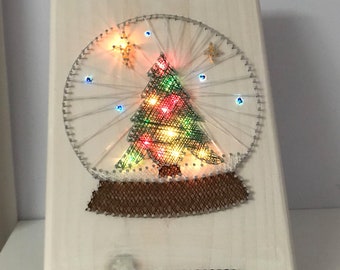 Christmas Tree Snow Globe (Holiday, Christmas Lights, Home Decor, Holiday Decor, Original String Art, Mini Lights)