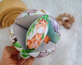 Piłka Montessori Woodland, materiałowa piłka ze zwierzętami, Montessori Baby, sensoryczna zabawka dla niemowląt, piłka do chwytania, grzechotka dla niemowląt, słoń, żyrafa, Rinho