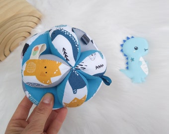 ORGANIC Montessori puzzle ball, cloth toy for babies, stroller toy, baby sensory toy, blue ball for newborn, dinosaur baby shower gift