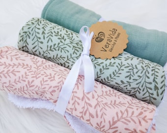 Set med ekologiska rapdukar, dubbel gasbinda av muslin, axelduk, babyshowerpresent, present till nyfödd, könsneutralt tryck, absorberande duk