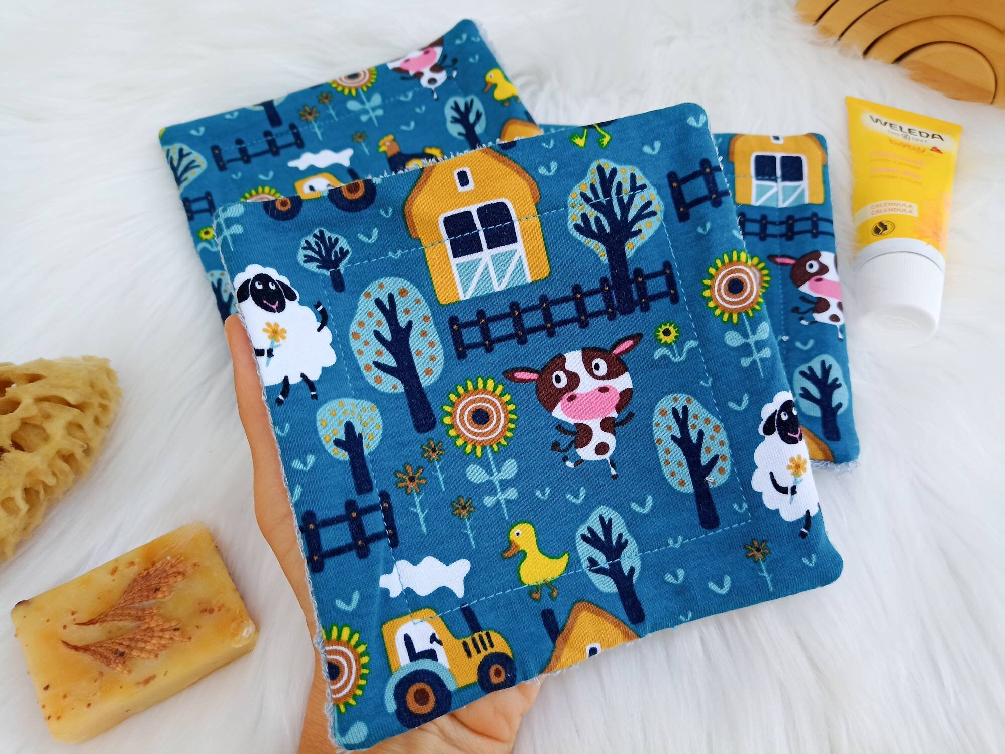 BIO Baby Feuchttücher Set, Gesichtstücher aus Baumwolle & Bio Bambus Frottee, wiederverwendbare Feuchttücher mit Tieren, Stoffwindel, Gesichtspads, Baby Waschlappen