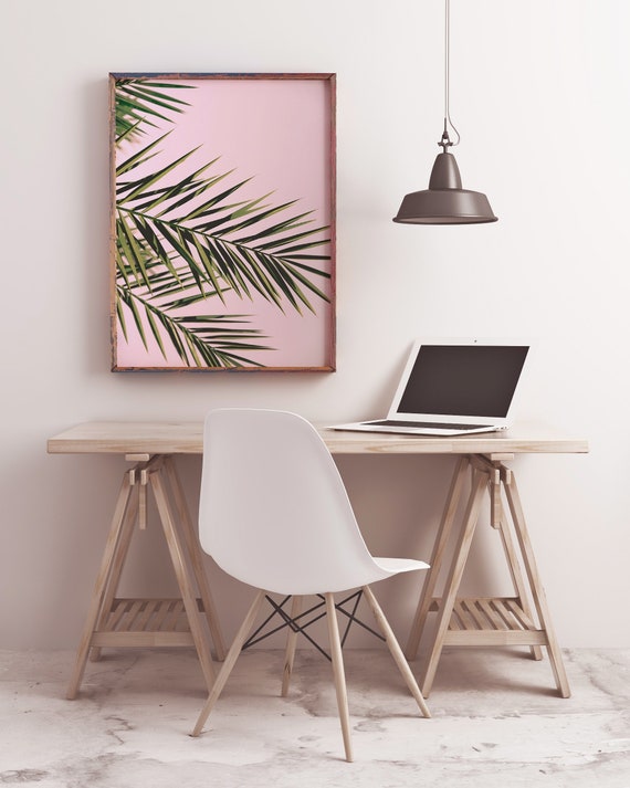Palm Tree Art Print Tropical Leaves Poster Pastel Pink Beach