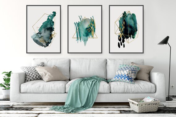 Set Of Abstract Watercolor Wall Prints Minimalistic Geometric Printed Art Dark Green Gold Luxury Modern Classy Bedroom Living Room Wall Deco