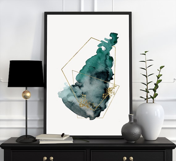 Abstract Watercolor Minimalistic Geometric Printable Art Modern Wall Decor Downloadable Dark Green And Gold Luxury Bedroom Living Room Art