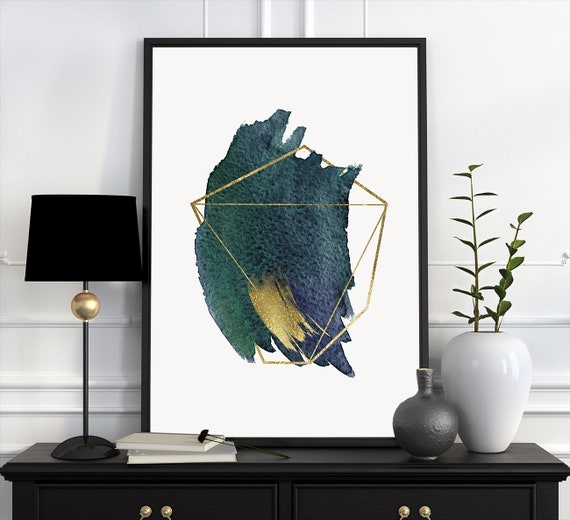 Abstract Watercolor Minimalistic Geometric Printable Art Modern Wall Decor Downloadable Dark Green And Gold Luxury Bedroom Living Room Art