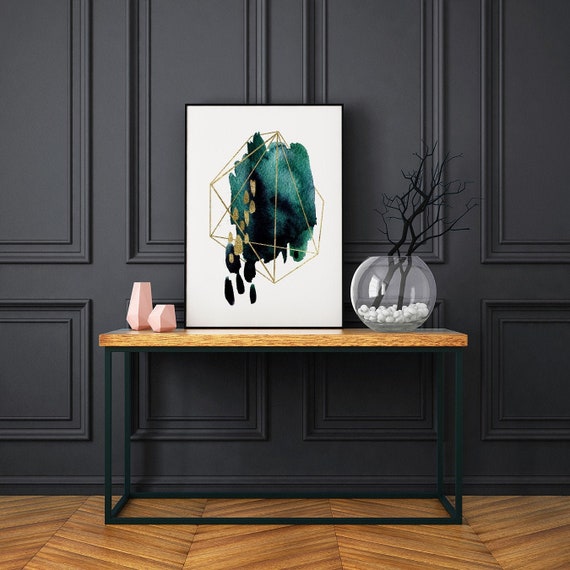 Minimalist Dark Green Watercolor Print Gold Geometric Poster Classy Luxury Abstract Aesthetic Room Decor Girly Bedroom Prints Large Wall Art