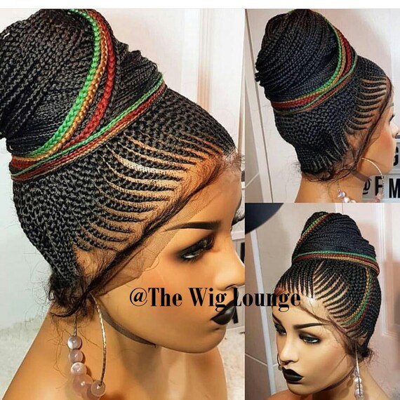 Full Lace Cornrow Braided Wig Bun Colorful Stripe With Baby Etsy