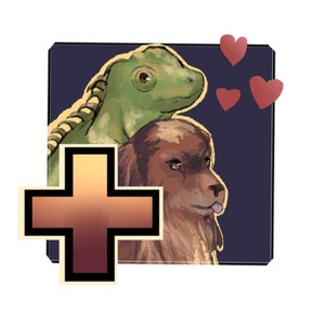 Puede incluir: Un iguana verde con un perro marrón y blanco, ambos con corazones a su alrededor, y un signo más en primer plano.