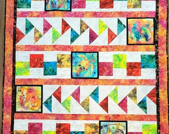 Digital PDF quilt pattern for “Happy Dance”, Throw through King sizes made with Fat Quarters with or without Photos, or Panel squares.
