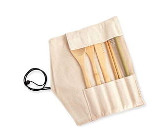 Zero Waste Bamboo Travel Utensil Set | Sustainable Product | Reusable Cutlery | Beige Case | Eco Friendly