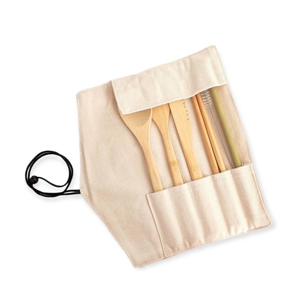 Zero Waste Bamboo Travel Utensil Set | Sustainable Product | Reusable Cutlery | Beige Case | Eco Friendly