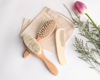 Baby Natural Hair Wooden Comb Brush Gift Set | Newborn Brush Set | Plastic Free Brush Set | Rubber Wood  High Quality