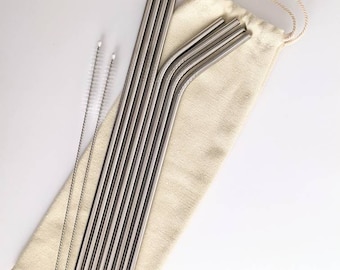 8 Reusable Straws Bag Set | Eco Friendly Reusable Straws | Zero Waste Product | Stainless Steel Utensil Set | Silver Straw