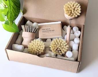 Zero Waste Dish Soap Set, Solid Dish Soap, Beech Wood Brushes, Plastic-Free Kitchen Gift