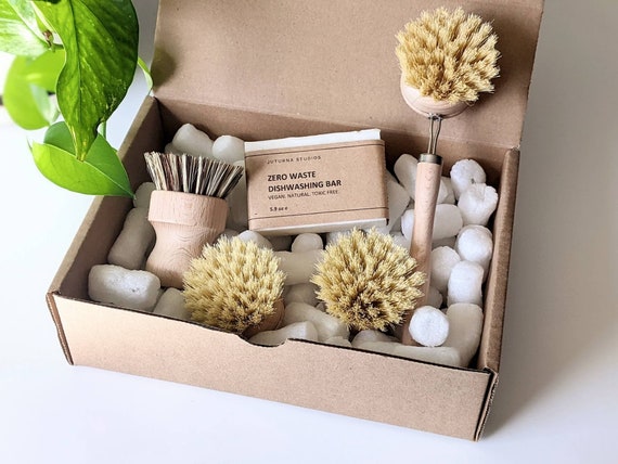 Zero Waste Dish Soap Set, Solid Dish Soap, Beech Wood Brushes, Plastic-Free Kitchen Gift