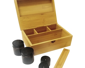 Stash Box Set w/ Grinder, 2 smell proof UV jars Locking Storage Bamboo Box combo for spice herbs smoke accessories