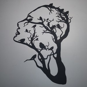 Birds in Tree Branches Face Shape 24.5&quot;x16&quot; Plasma Cut Metal Art CNC