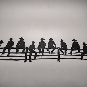 Cowboys Sitting on Fence 33&quot;x8&quot; Plasma Cut Metal Art CNC