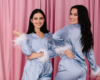 Satin Feather PJs, Feather Long Sleeve Long Pants PJs, Bridesmaid Pajamas, Bridal Party Pajamas, Bridesmaid PJs, Long Pajamas Set