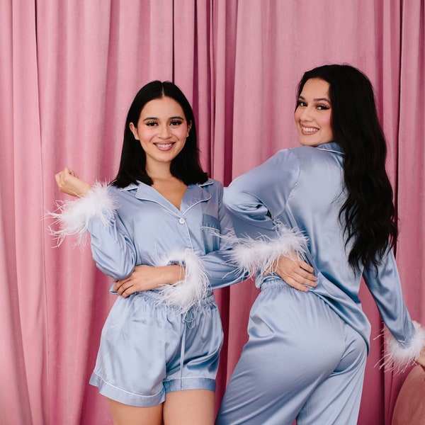 Satin Feather PJs, Feather Long Sleeve Long Pants PJs, Bridesmaid Pajamas, Bridal Party Pajamas, Bridesmaid PJs, Long Pajamas Set