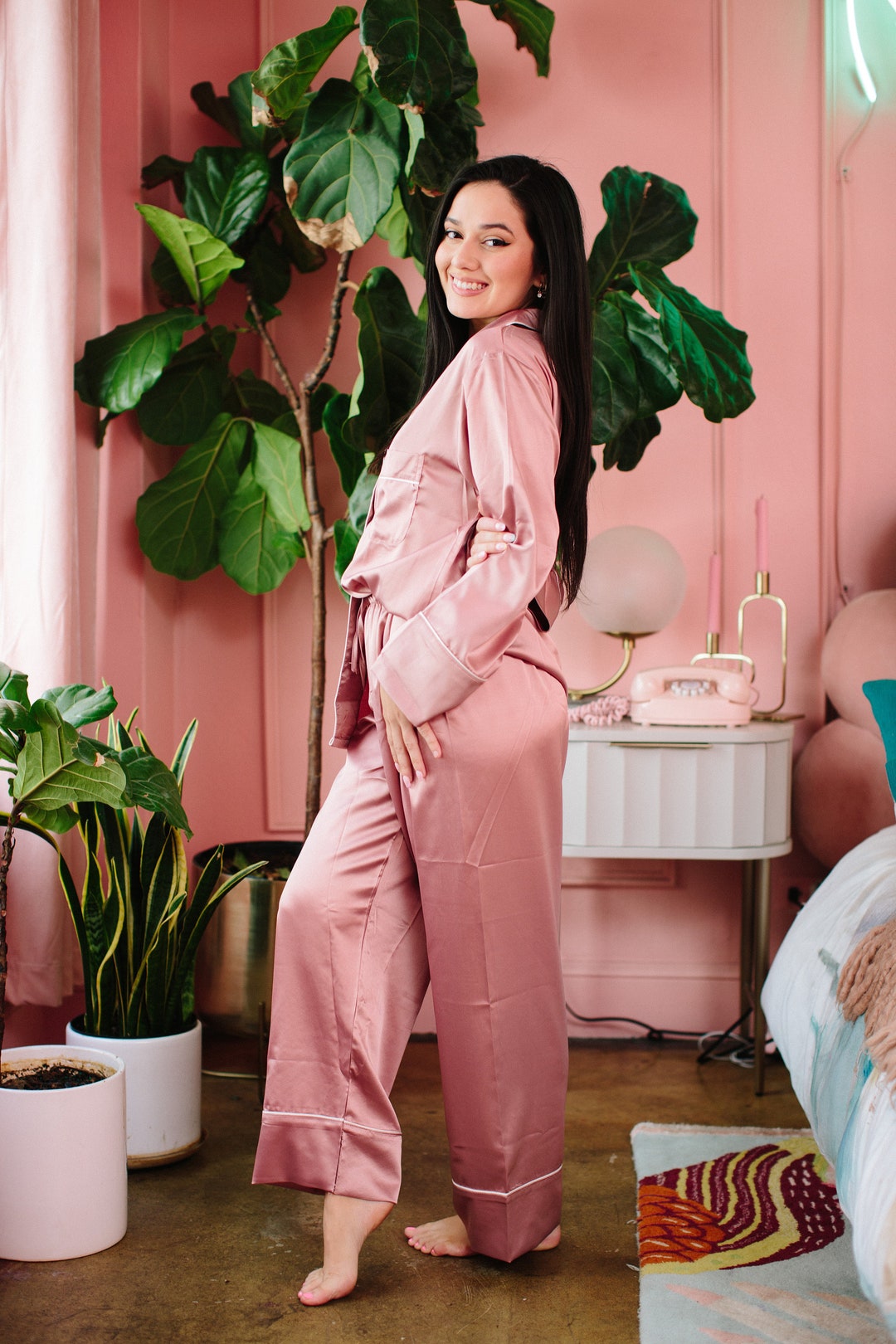 2pc Long Sleeve Pajama Set, Satin Long Sleeve Pajama Set, Satin Pajama ...
