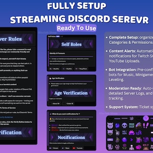 Pode incluir: Gráfico digital que promove um servidor Discord de streaming totalmente configurado. A imagem apresenta regras do servidor, funções próprias, verificação de idade e configurações de notificação. Inclui bots, moderação e suporte.