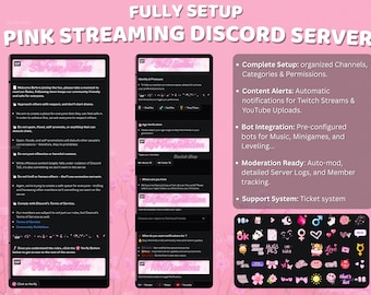 Roze streaming Discord-server | Volledig geïnstalleerd en klaar voor gebruik | Waarschuwingen automatisch streamen | Eigendomsoverdracht: