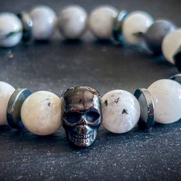 Bracelet « skully »en 10mm. Bracelet pierre naturelle. Cadeau skull. Bracelet homme. Bracelet femme. Pierre semi precieuse. Bijoux fait main