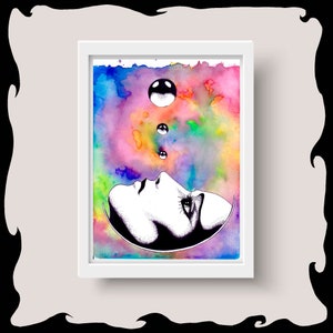 May include: A black and white ink drawing of a person's face with an eye open, surrounded by a colorful watercolor background. The person's face is in a crescent moon shape. There are three black circles above the person's face.