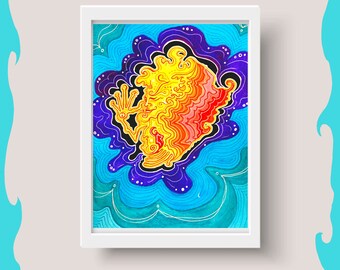 Puede incluir: Una pintura abstracta colorida de una figura amarilla, naranja y roja con un contorno blanco, rodeada de remolinos azules y morados. La figura parece ser una persona con una mano levantada en el aire.