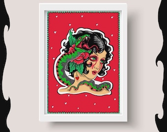 Traditional American Tattoo Style Portrait - Snake and Retro Pin Up Girl Artwork - Digital Drawing Print