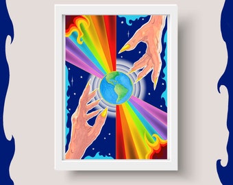 Puede incluir: Impresión artística enmarcada con una ilustración vibrante. Un arcoíris colorido irradia desde un globo azul y verde, con dos manos que se extienden hacia él. Las manos tienen uñas largas y amarillas, sobre un fondo azul estrellado.