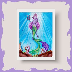Vale de Netuno - Pintura em aquarela de sereia oceano - Decoração com impressão artística