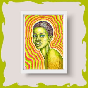 Green Gal Original Portrait - Psychedelic Artwork - Trippy Analog Drawing Print