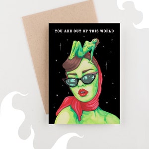 Alien Themed Valentines Day Card - Retro Space Art Greeting Card