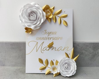 Cartão para personalizar com mensagem impressa | Flores de papel e folhagens para o Dia das Mães, casamento, anúncio, aniversário, presente