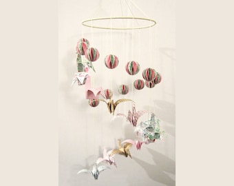 Origami mobile 15-20-25 cm for interior decoration, home, room, party, birthday, baptism | Cranes and cascading balls