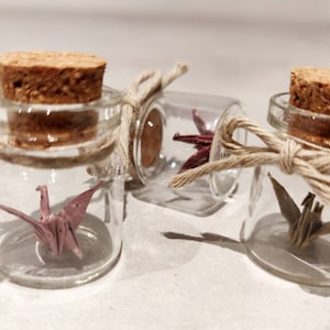 Glass vial/bottle | Mini origami/paper crane for interior decoration, home, table, wedding gift, birthday, baptism, party
